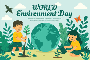 World Environment Day with Kids Planting Trees and Caring for Nature, Vector  Illustration