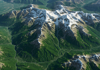 Aerial view of a majestic mountain range with snow-capped peaks, green valleys, and lush forests.