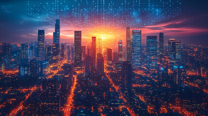 Urban sunset skyline houston digital art futuristic aerial view technology concept