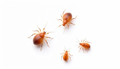 Group of dust mites on white background, detailed close-up of microscopic allergy-causing pests commonly found in homes, concept of respiratory allergens and hygiene