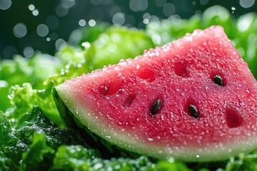 Delicious Organic Sliced Watermelon on a Bed of Lettuce, Juicy Spring Summer Fruit, Healthy Food and Snacks, Nutritional Marketing Background, Culinary Wallpaper
