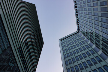 Modern glass skyscrapers curve into clear morning sky