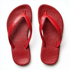 A pair of bright, vibrant, solid, red flip-flops, with a textured, slightly pebbled surface and smooth, solid straps, isolated on crisp whit