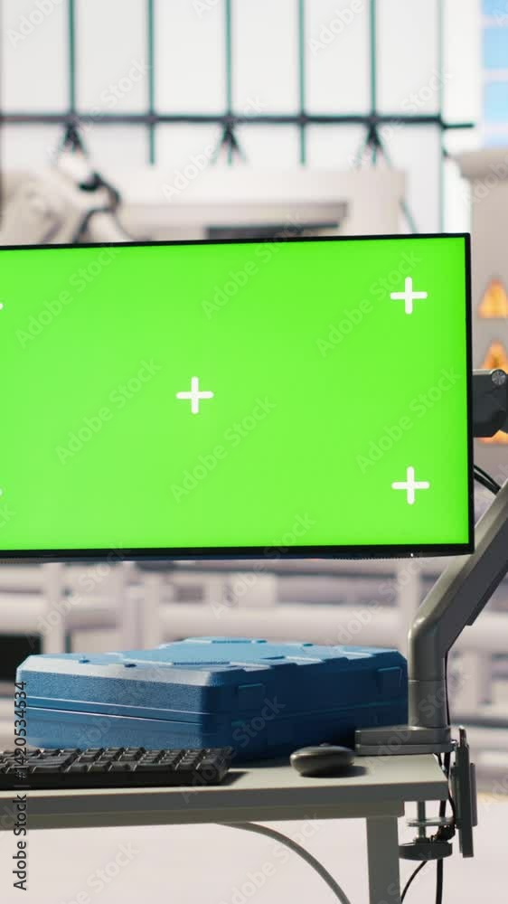 Poster vertical video robotics software on mockup display in smart factory used to inspect machinery for op