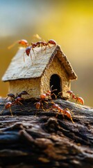 Ants Constructing Tiny Wooden House on Rustic Log in Bright Sunlight