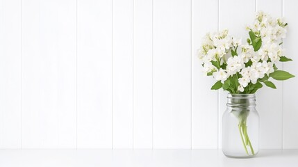 Simple white flowers in a clear glass jar