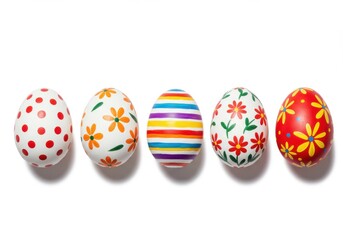 Six vibrantly patterned Easter eggs on white background