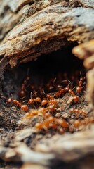 Fototapeta premium Ants Gathering at the Entrance of Their Nest in Tree Bark