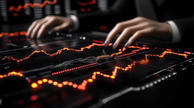 Businesswoman analyzing financial data on interactive display