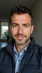 Fototapeta premium A confident man stands in a well-lit space, radiating relaxed charm and professionalism. His friendly smile and simple attire create an inviting atmosphere in this cozy setting Generative AI