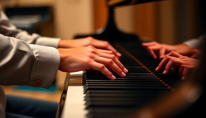 two people are playing a piano with their hands