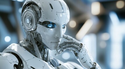 Fototapeta premium Futuristic AI Robot Deep in Thought with Detailed Metallic Components and Glowing Blue Eyes
