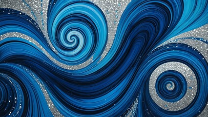 Abstract Blue Swirls with Silver Glitter Background Artistic Wave Design