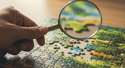 Solving a scenic jigsaw puzzle with a magnifying glass close up view showing detail and focus on