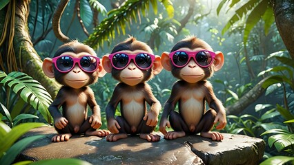 Three Cartoon Monkeys Wearing Sunglasses in a Lush Jungle Setting