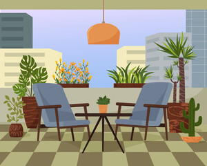 Balcony of a city house. Terrace of a house with green plants. Two armchairs and a coffee table. Flowers and boxes for seedlings. Place for rest. Vector illustration