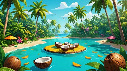Tropical Beach with Coconuts and Palm Trees in Lagoon Paradise