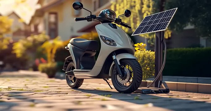 Modern electric scooter parked beside solar panel in a sunny neighborhood garden