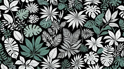 Tropical Leaves Pattern with Green and White Foliage on Black Background