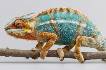Obraz premium Chameleon mid-color-change perched on branch during quiet afternoon light