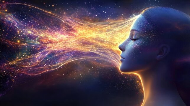 Cosmic energy flows through a serene female figure.