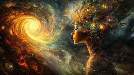Cosmic female figure contemplating the swirling galaxies.