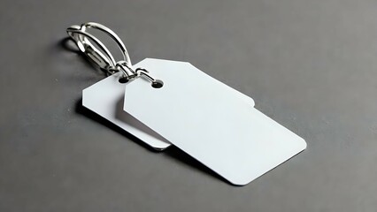 Two Blank White Tags Mockup with Metal Ring on Gray Surface