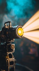 A vintage film projector emitting bright light beams in a smoky atmosphere.