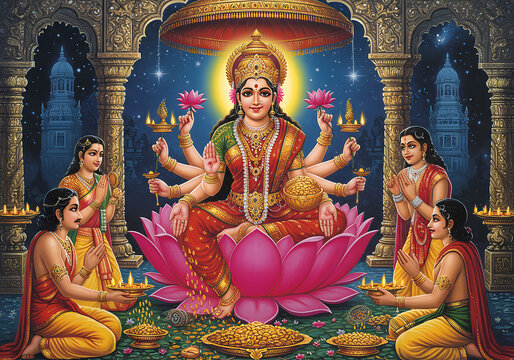 Lakshmi, Hindu Goddess of Wealth, Prosperity, and Fortune, Lotus Pose, with Devotees, Artwork.