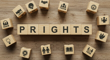 Wooden blocks spelling PRIGHTS surrounded by icons representing freedom peace and human rights on a