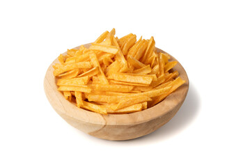 Fried chips sticks isolated, finger potato chips, golden shoestring fries pile, French fries