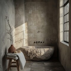 A bathroom with a bathtub and a vase with a plant in it. A towel is on a stool next to the tub
