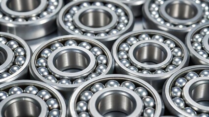 Obraz premium Overhead view of several silver ball bearings arranged closely together. Ideal for illustrating mechanical parts and engineering