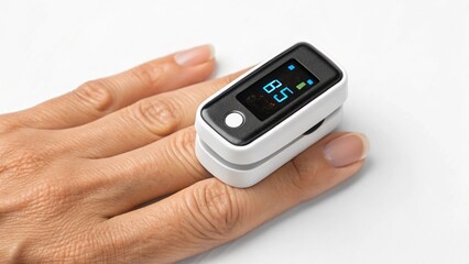 Close-up of a pulse oximeter attached to a person's finger, displaying readings. Ideal for illustrating health checks and oxygen saturation.