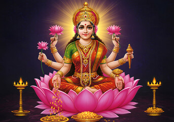 Goddess Lakshmi Indian Deity of Wealth, Prosperity and Fortune, Lotus Pose with Flowers and Gold.