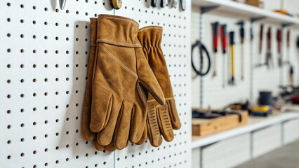 Close-up of brown leather work gloves on a perforated white board in a blurred workshop setting. Ideal for illustrating hand protection and craftsmanship