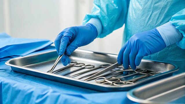 Gloved hands arranging surgical instruments on a tray. Represents surgery and medicine