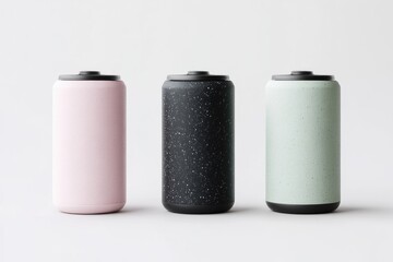 Three insulated, reusable beverage containers in pastel shades