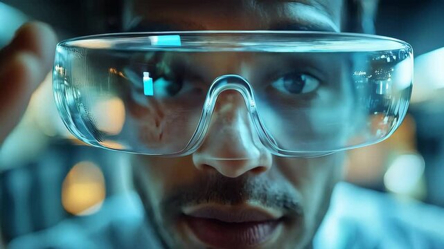 Scientist performing experiments in laboratory with safety glasses and focused expression