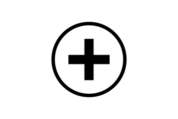 Black circle with a white plus sign centered within it on a plain background