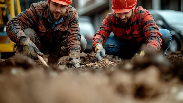 Construction workers prepare a site for building activity in an urban area during daytime
