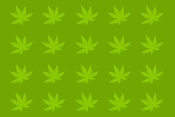 Repeated pattern of green leaves on a vibrant green background showcasing a detailed leaf design