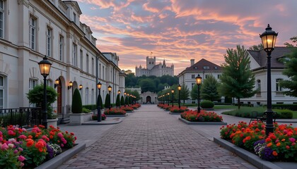 Ancient Roman boulevard with alabaster buildings, flowers, lamp posts, and a distant white castle at twilight.