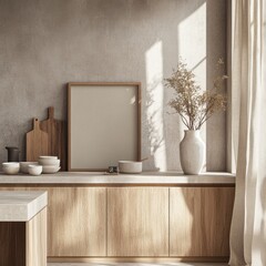 A white vase with flowers sits on a counter next to a framed picture. The vase is filled with dried flowers and the picture is a blank frame