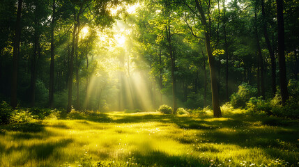 Forest Background, Sunlight Through Trees in Serene Forest With Mist Over Water