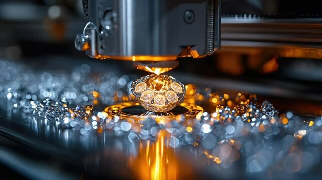 Precision diamond setting machine in action.  Close-up view of a high-tech automated process for mounting precious gems