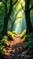 Sun-dappled path winds through ancient woods, leaves carpet the ground , mossy, stock photo, stillness