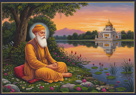 Sikh Guru Nanak Dev Ji Meditation by Lake, Golden Temple Reflection, Serene Landscape.