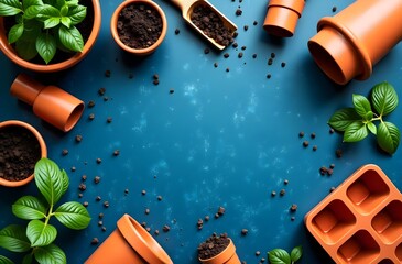 Top view of scattered gardening tools, soil, herbs, and potted plants on bright blue background, ideal for DIY, gardening tutorials and botanical flatlay visuals