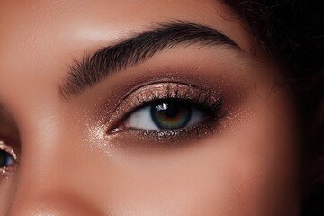 Obraz premium Close-up of a woman's eye with shimmering bronze eyeshadow and defined lashes